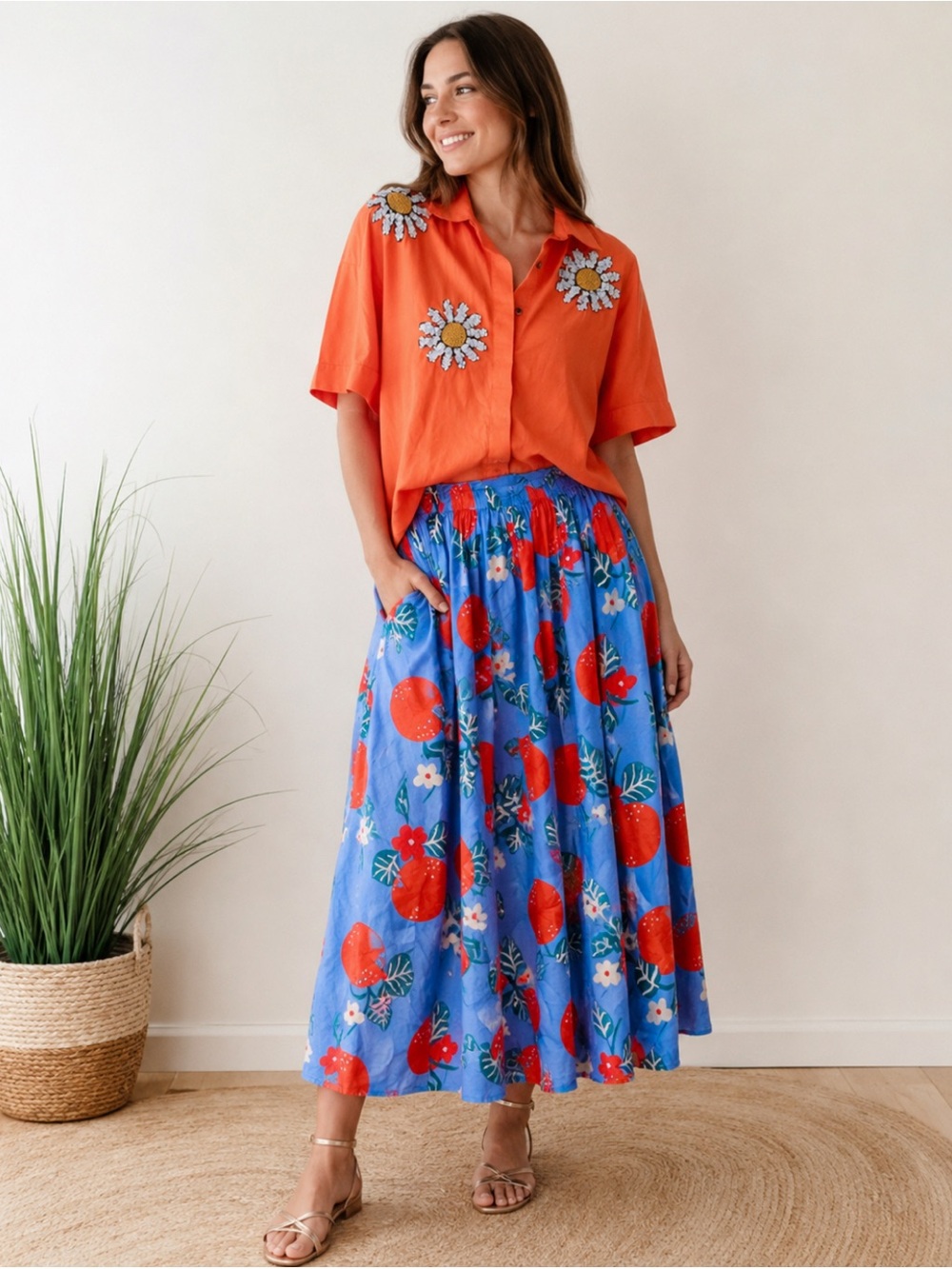 🍊Anthropologie Orange Print Naranja A-Line Mid Skirt by Corey Lynn Calter🍊